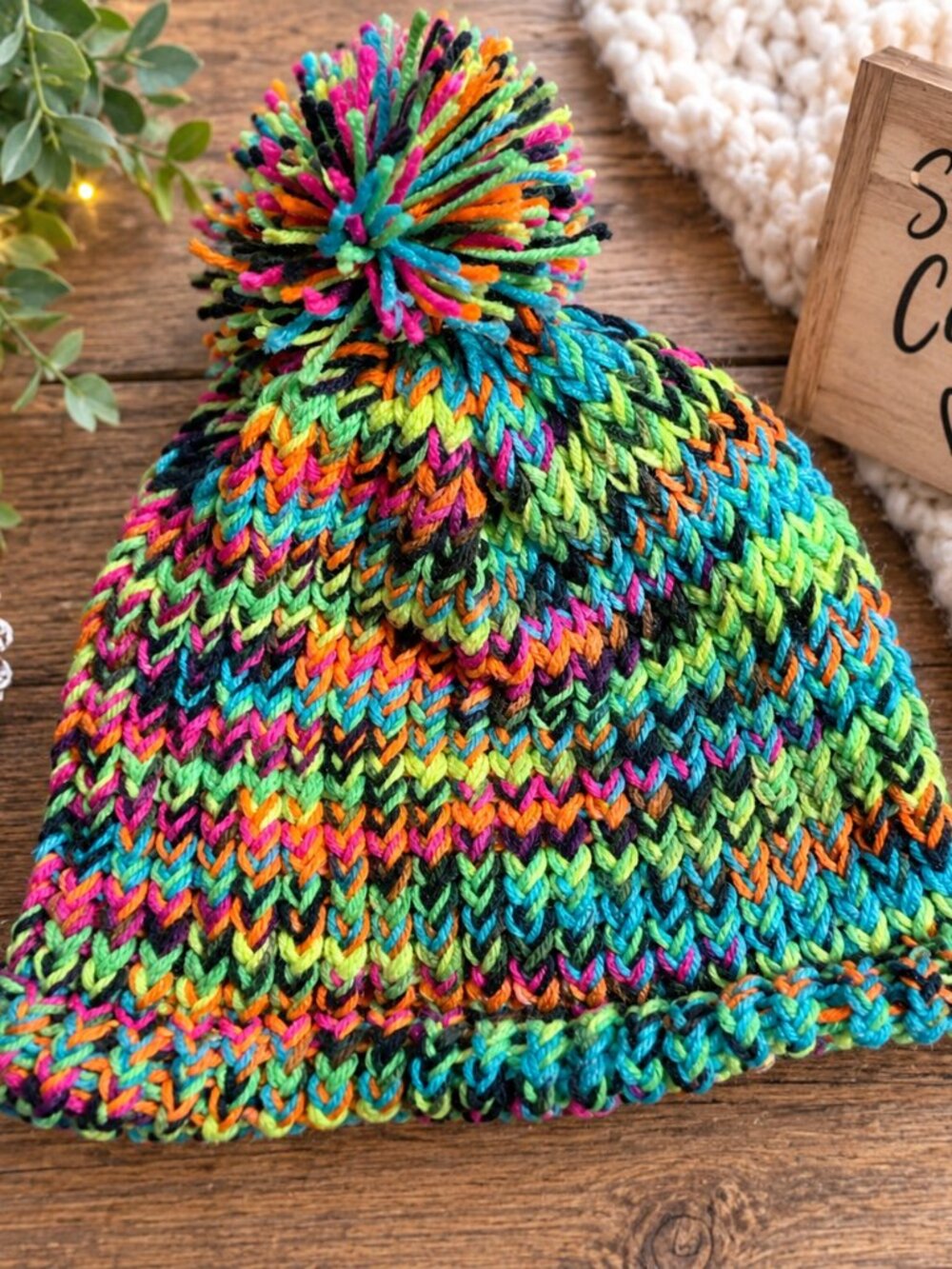 Colorful Chunky Knit Pom Pom Toque